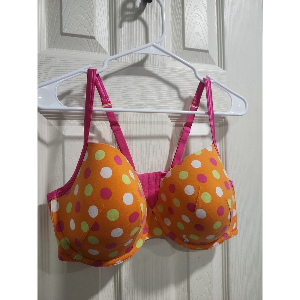 Cacique Bra Underwire Orange Hot Pink Polka Dots Cotton 40DDD Convertible Straps - Picture 2 of 15